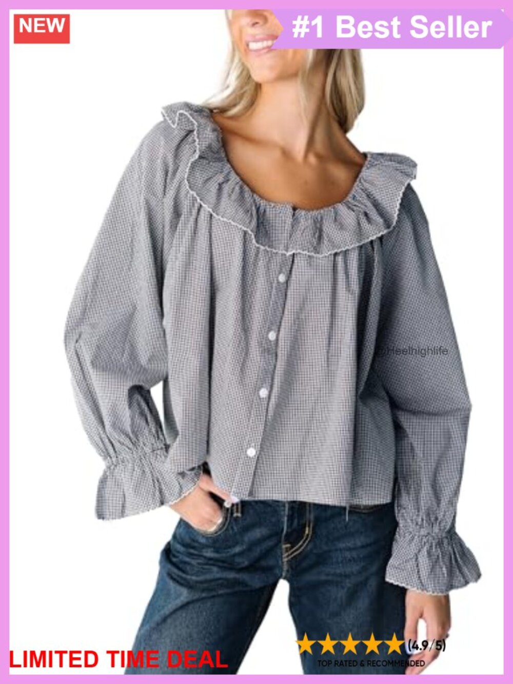 Womens Gingham Blouse Long Sleeve Ruffle Button Down Cotton Top